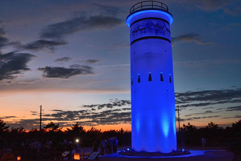 Blue lit beach tower